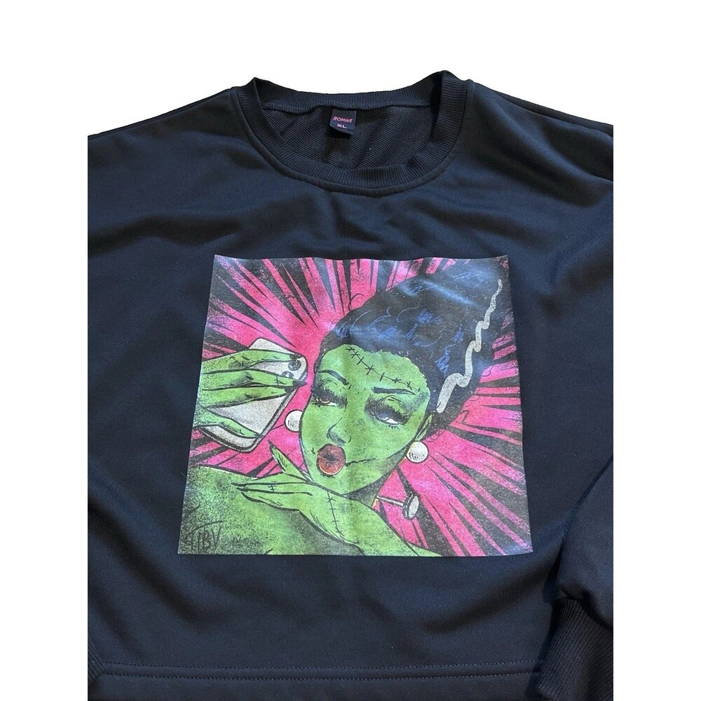 Romwe Sweatshirt Womens XL Black Graphic Cropped Frankenstein Selfie Long Sleeve